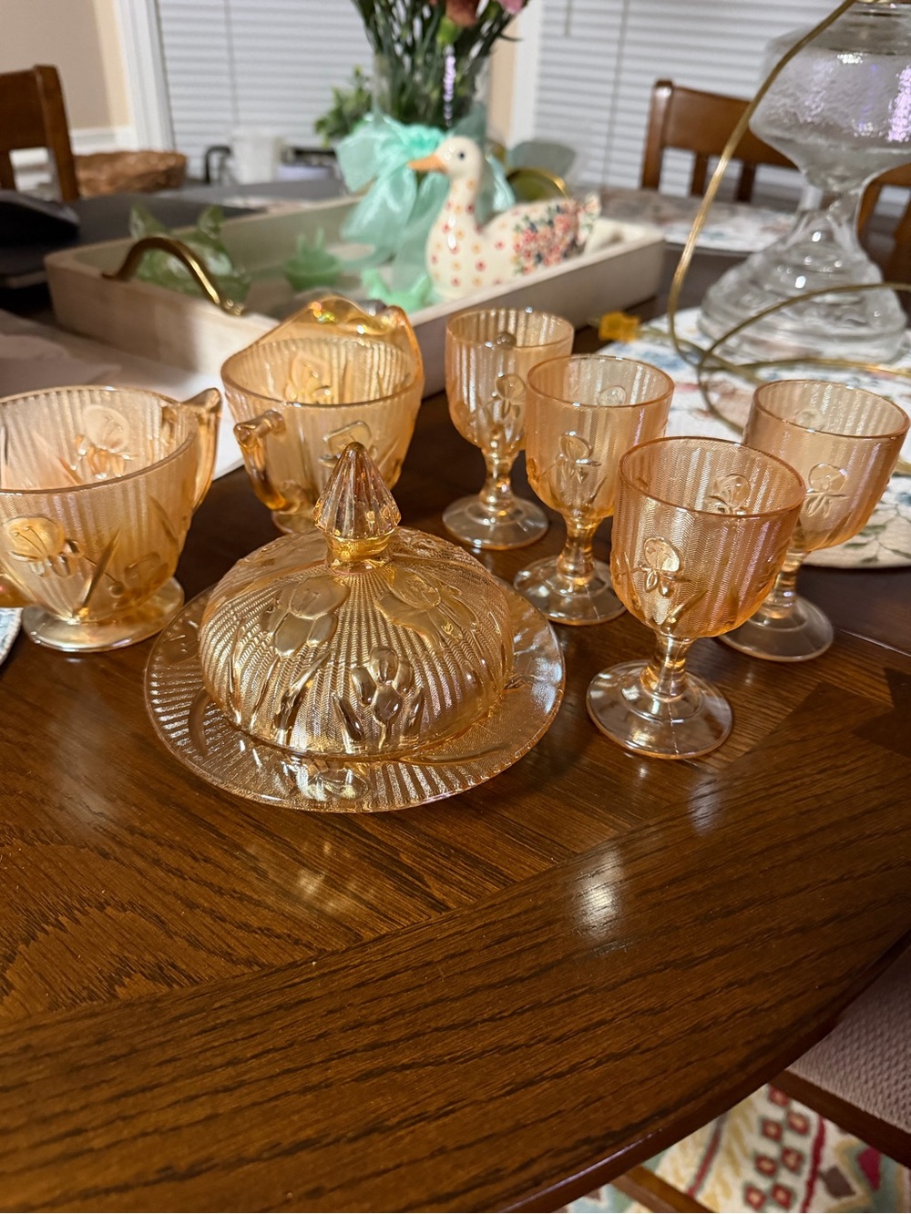 Jeannette Amber Iris & Herringbone Glassware